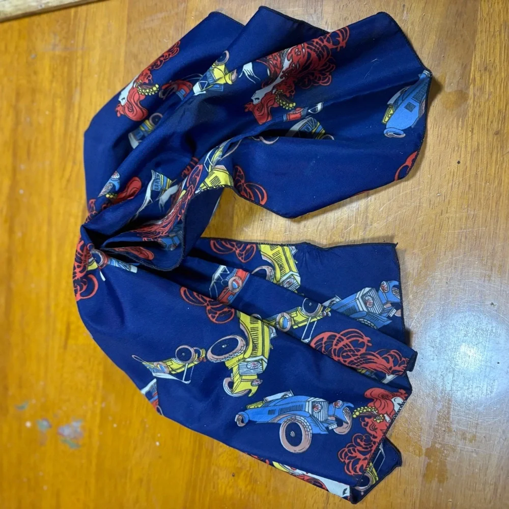 blue silk head scarf antique red and yellow cars and red-haired women